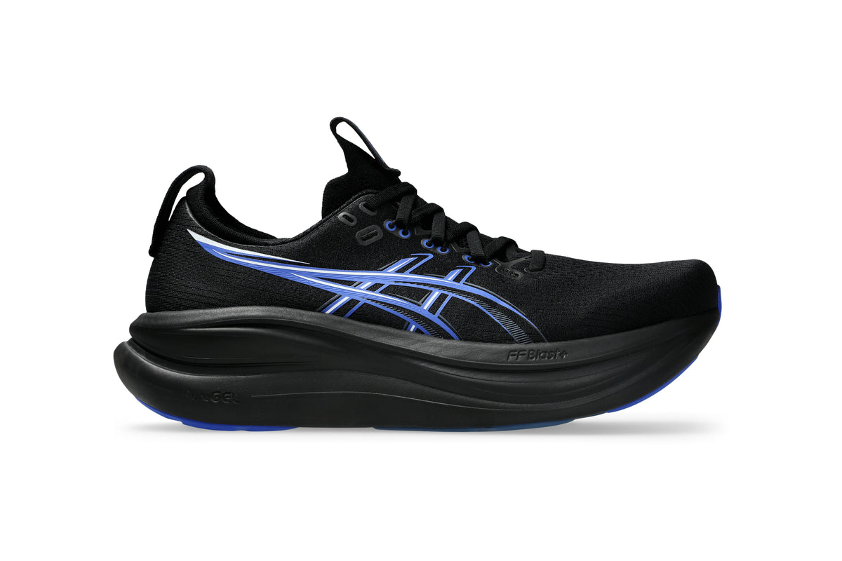 LANÇAMENTO - Tênis de Corrida Asics Gel Nimbus 28 - Preto / Azul - Masculino