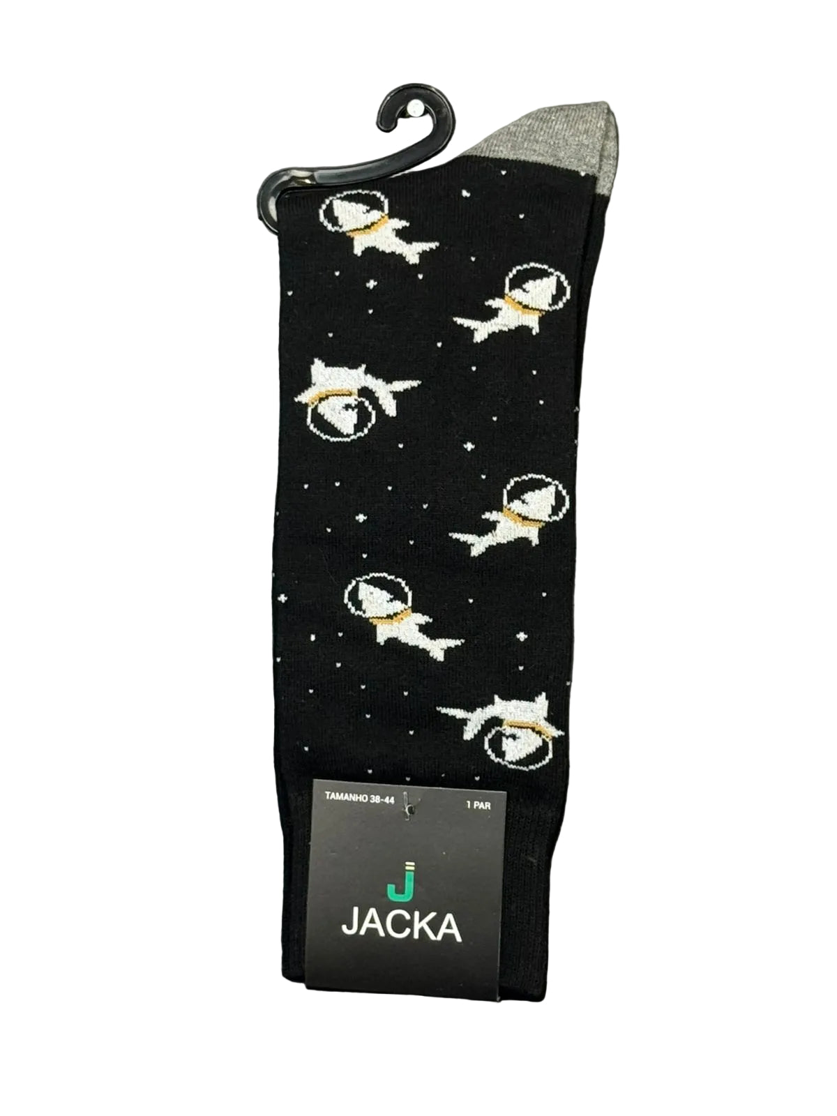 MEIA ESPORTIVA ALGODÃO PRETO / TUBARÃO ASTRONAUTA